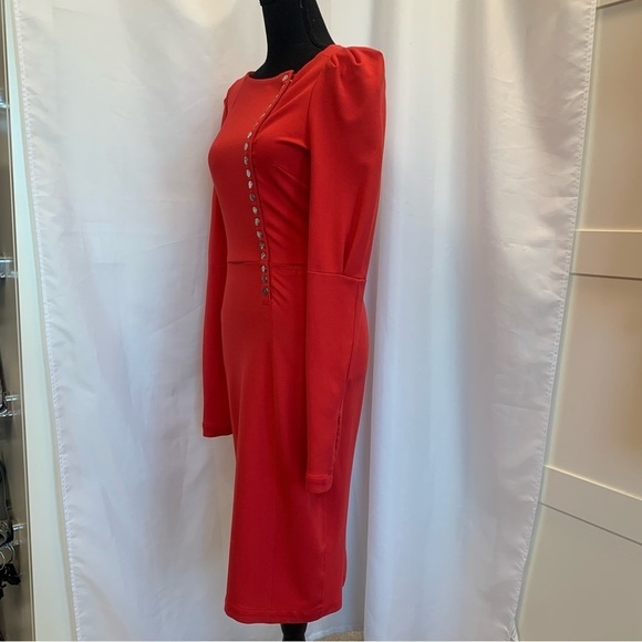MISS Sixty Rare Red Long Sleeve Button Front Puff Shoulder Bodycon Dress Sz M - Picture 4 of 17